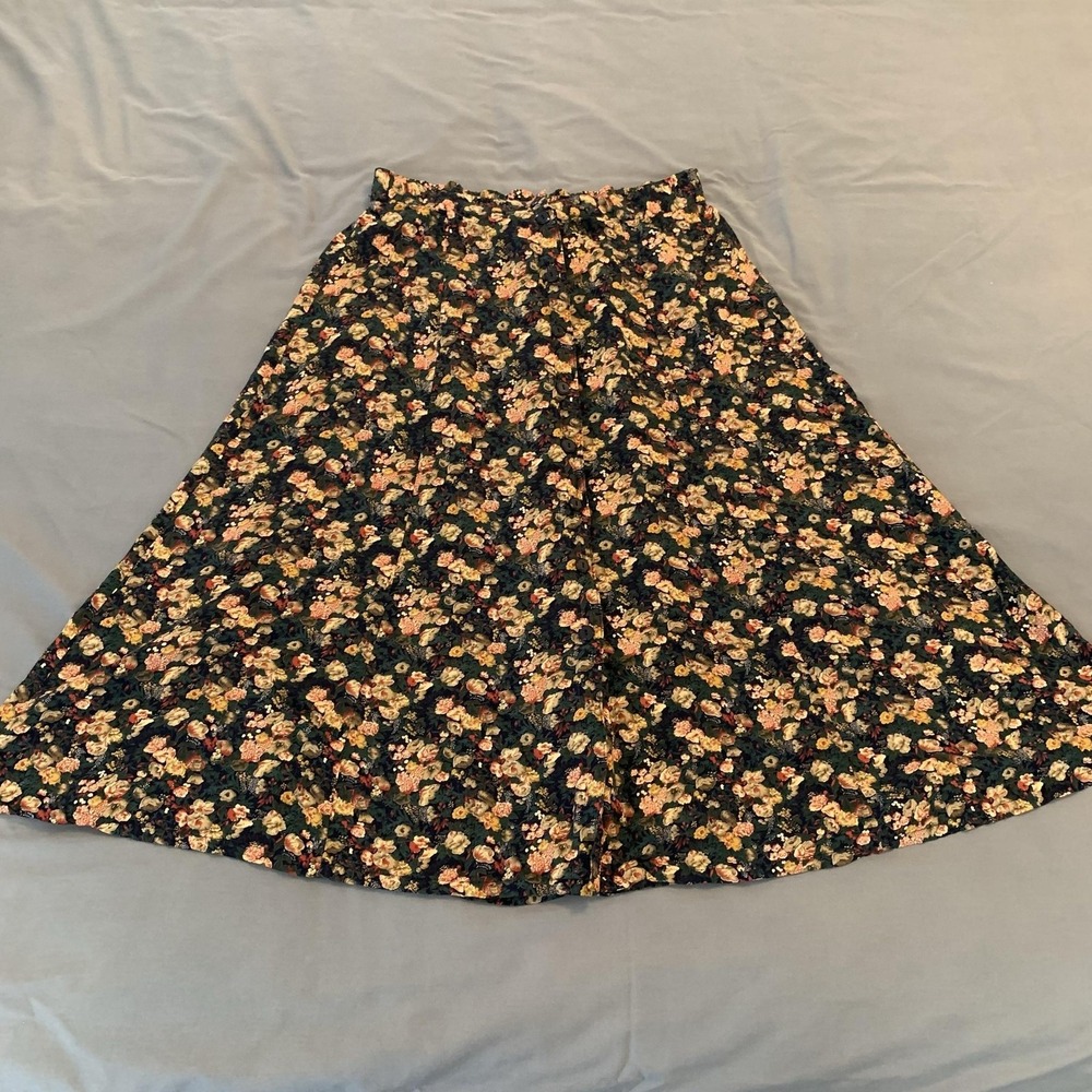 Floral Skirt Women's Petite Large Black A-Line Midi Elastic Waist Front Button